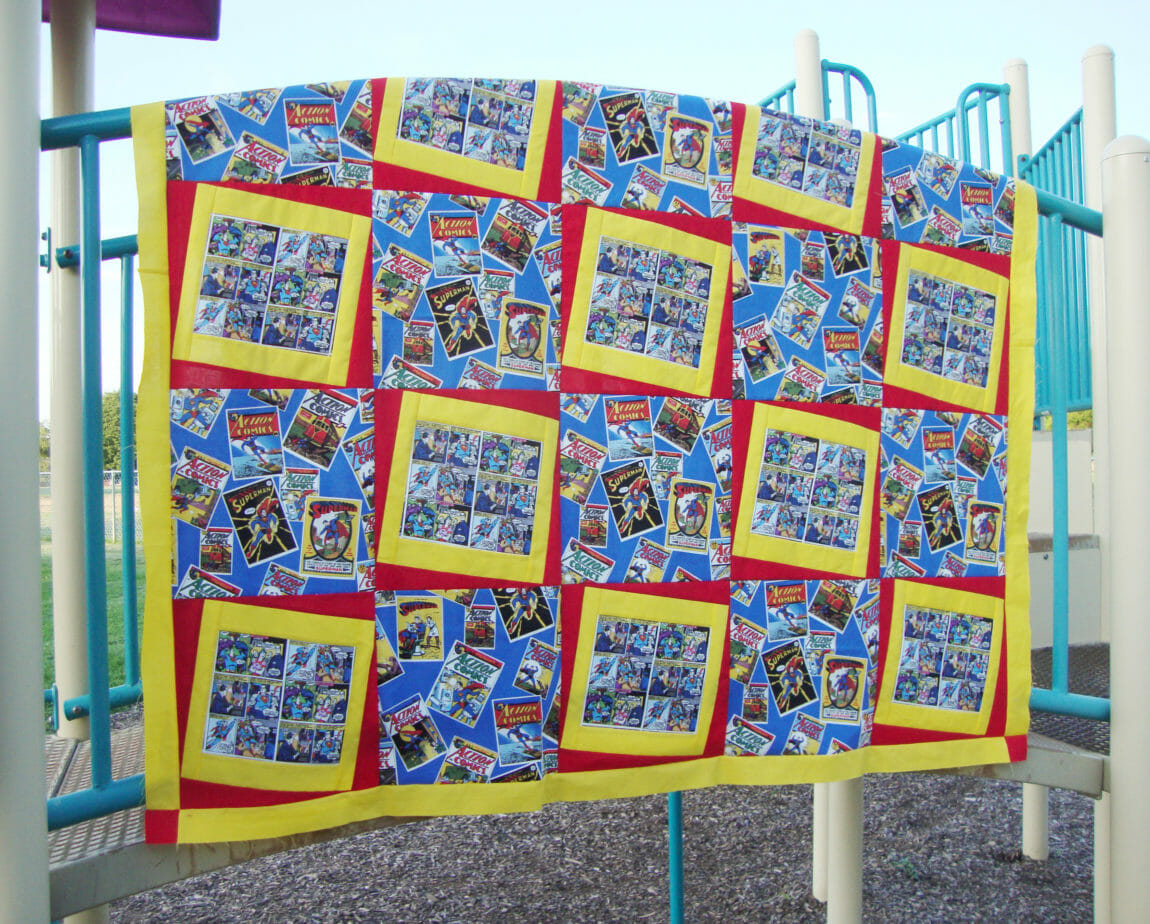 Superman quilt with instructions and fabric requirements, www.quiltaddictsanonymous.com