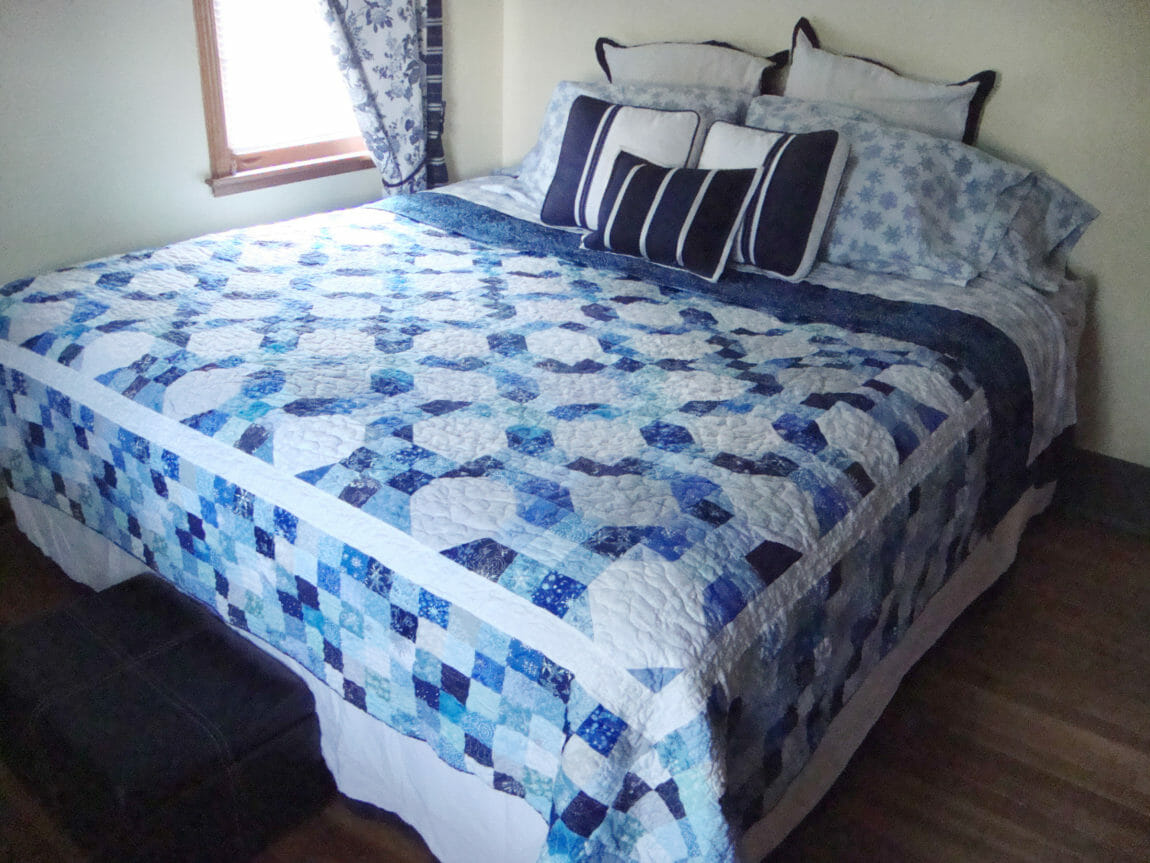 Blue and white snowball, nine patch quilt www.quiltaddictsanonymous.com