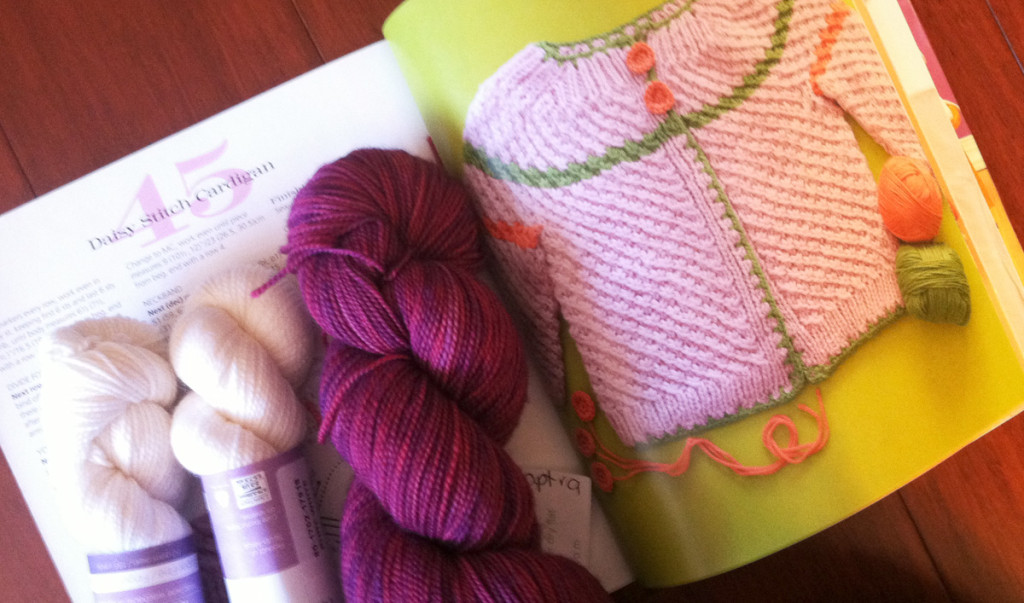 Gems 100 percent merino wool, Madelinetosh hand dyed sock yarn, knitting, baby sweater, 60 More Quick Baby Knits, 