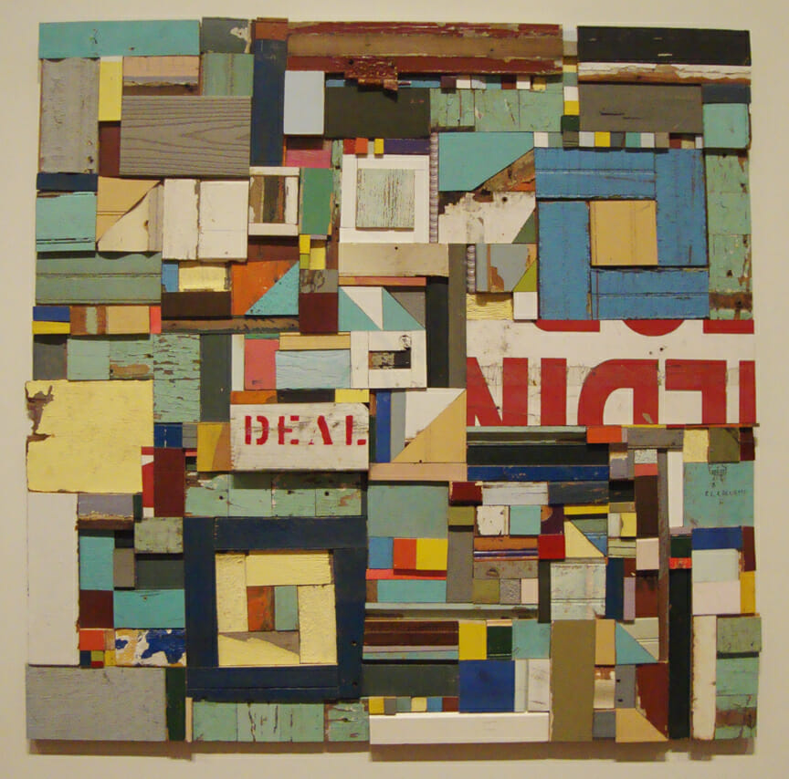 A quilt made of salvaged wood by Laura Petrovich Cheney